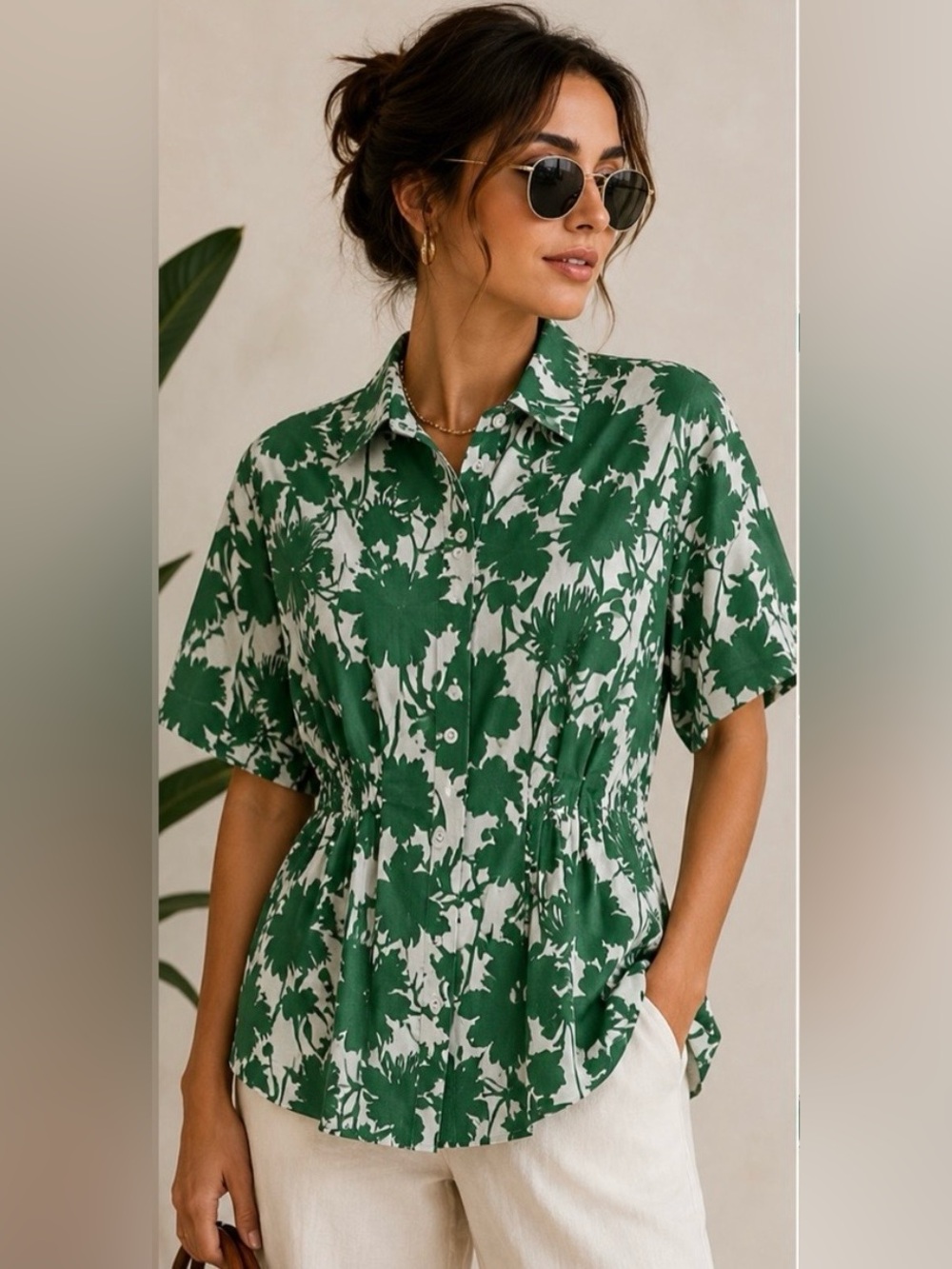 Exquise Green Floral Short Sleeve Blouse
